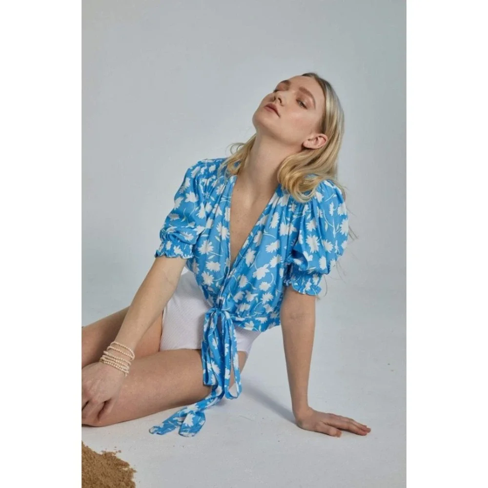 Faithfull The Brand La Colle Leyla Floral Wrap Crop Top Puff Sleeve M